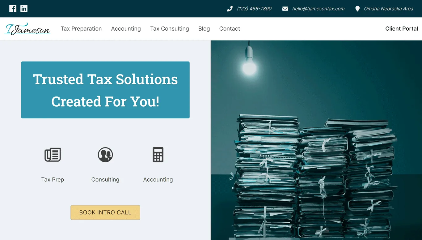 TjamesonTax website screenshot showing professional tax services design