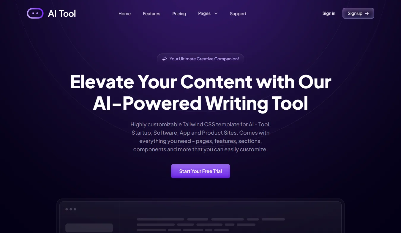 AI SaaS tool template website preview