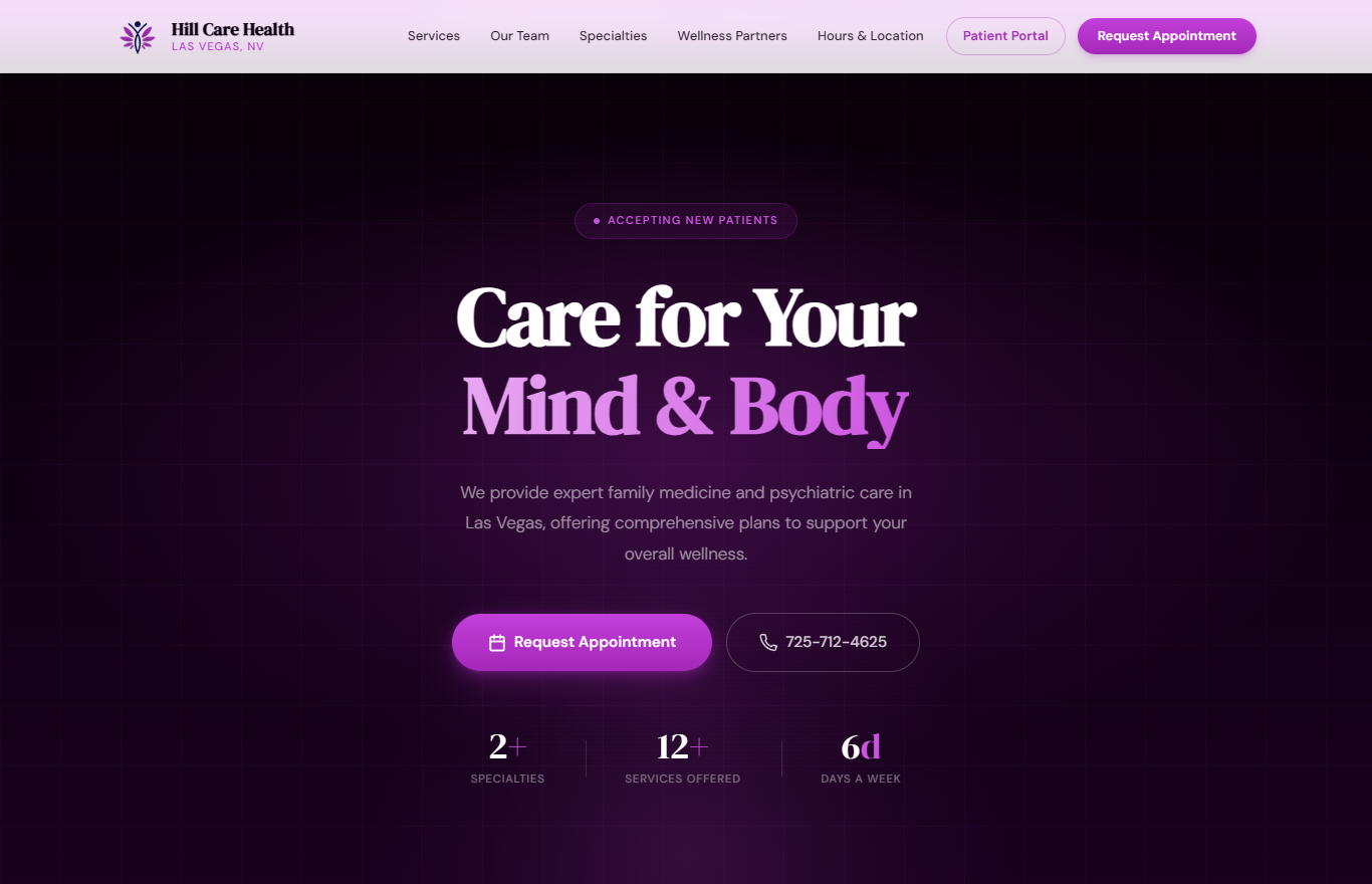 Hill Care Health website homepage showing the calm 'Care for Your Mind & Body' hero and booking call to action