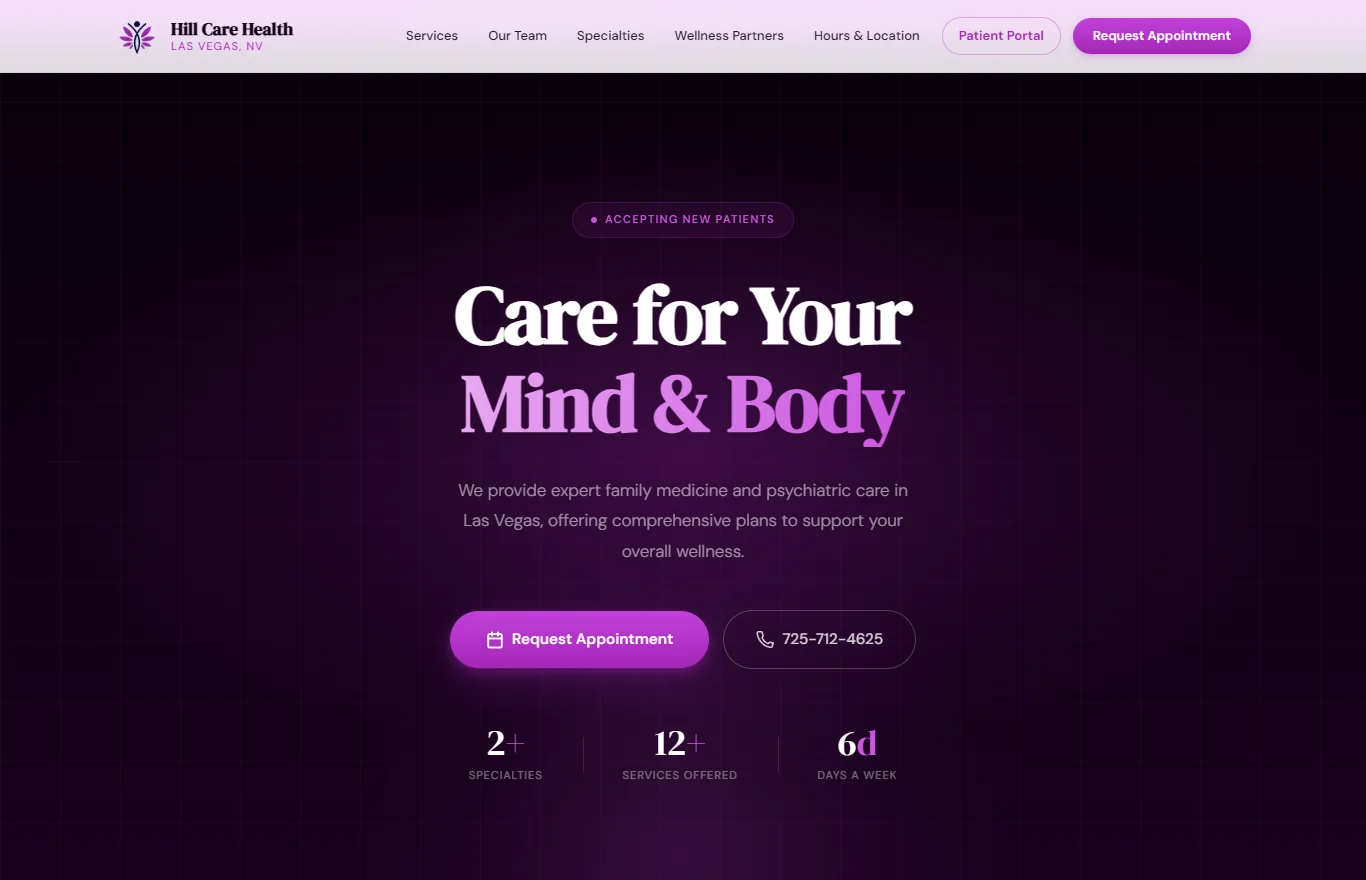 Hill Care Health website homepage designed by WebPath Agency