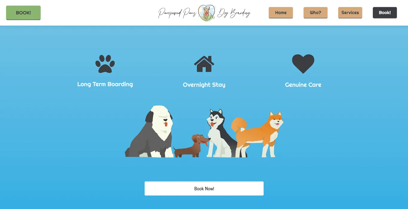 Pampered Paws website screenshot showing pet services booking platform